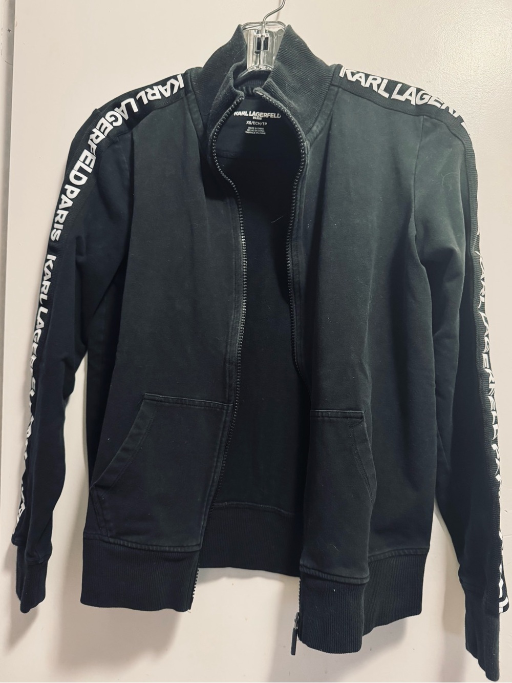 Karl Lagerfeld Iconic bold branding logo jacket on sleeves/back- EUC - Size XS.